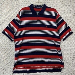 Polo Golf Ralph Lauren Shirt Mens XL White Navy Blue Red Pony Striped 100%Cotton